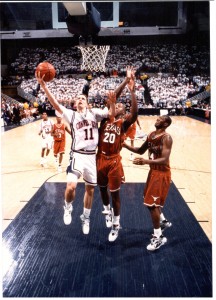 As a UConn guard, Sheffer averaged five assists and thirteen points per game, hit 40 percent of his three-point attempts and led the Huskies to a sparkling 89-13 record.  Photo: University of Connecticut Communications Department 