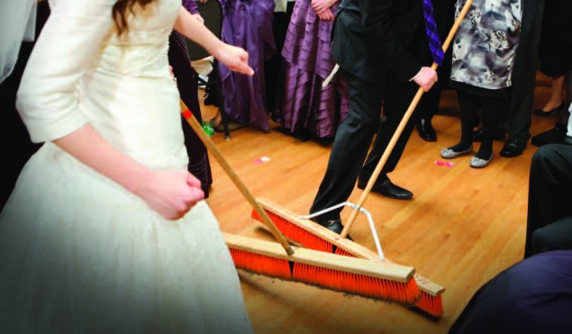 In the “mizinke,” otherwise known as the “broom dance,” the parents of the bride or groom sit together, while family and friends form a circle and dance around them to the tune of an upbeat Klezmer melody, “Di Mizinke Oysgegebn, The Youngest Daughter is Given Away.”  Photo: Yehuda Boltshauser/Kuvien 