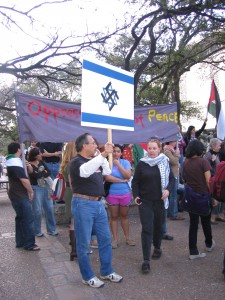 Anti-Semitism on campus is undoubtedly on the rise, and campus groups are growing bolder each day. Pictured above: a counter-demonstration to a pro-Israel, pro-peace event at the University of Texas at Austin. The pro-Israel event was sponsored by the University of Texas Hillel.  Courtesy of the University of Texas Hillel and ADL 