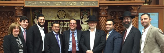 OU and Beth Gavriel representatives gathered in the main sanctuary at Beth Gavriel this past February. From left: Rebbetzin Judi Steinig, Associate Director, OU Community Services; Yehuda Friedman, Associate Director of Synagogue Services and Regional Director for Synagogues, Long Island and Queens; Yaniv Meirov, Director of Chazaq; Simcha Musheyev, Youth Director of Beth Gavriel; Rabbi Judah Isaacs, OU Director of Community Engagement; Rabbi Israel Itshakov, Youth Rabbi at Beth Gavriel; Ilya Mordekhaev, English Chief Editor of Beth Gavriel Magazine; Rabbi Refael Ribacoff, Executive Director, Yeshivat Sha’arei Zion; and David Koptiev, Youth Leader at Beth Gavriel.