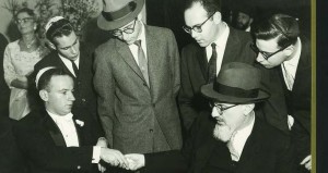 The author’s wedding on November 1, 1959, in New York. Seated, on the left, is the author; in the center, standing, is Rav Aharon Lichtenstein, witness to the ketubah; seated on the right is Rav Joseph B. Soloveitchik, mesader Kiddushin and rebbe of the author. Courtesy of Julius Berman